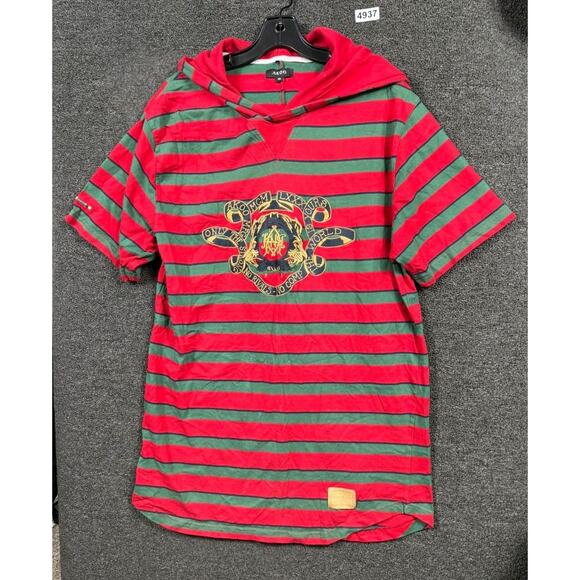 Akoo Hoodie Mens Size 3XL Red Green Striped Short Sleeve Crest Y2K Lightweight - Picture 1 of 6